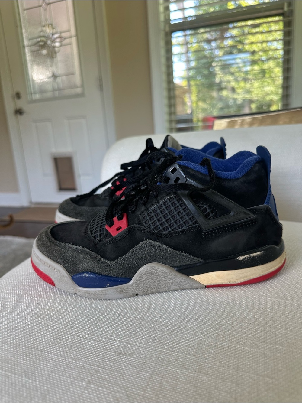 Air Jordan 4 Retro Kids Size 2.5Y Black Gray Red Blue Basketball Sneakers